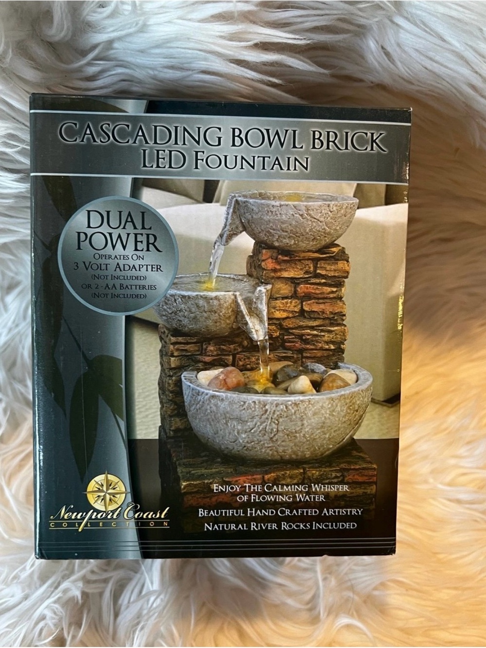 Newport Coast Cascading Bowl and Brick LED Fountain w/ Rocks NEW Hand Crafted